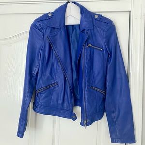 INC rayon M blue “leather” jacket with zippers — like new!
